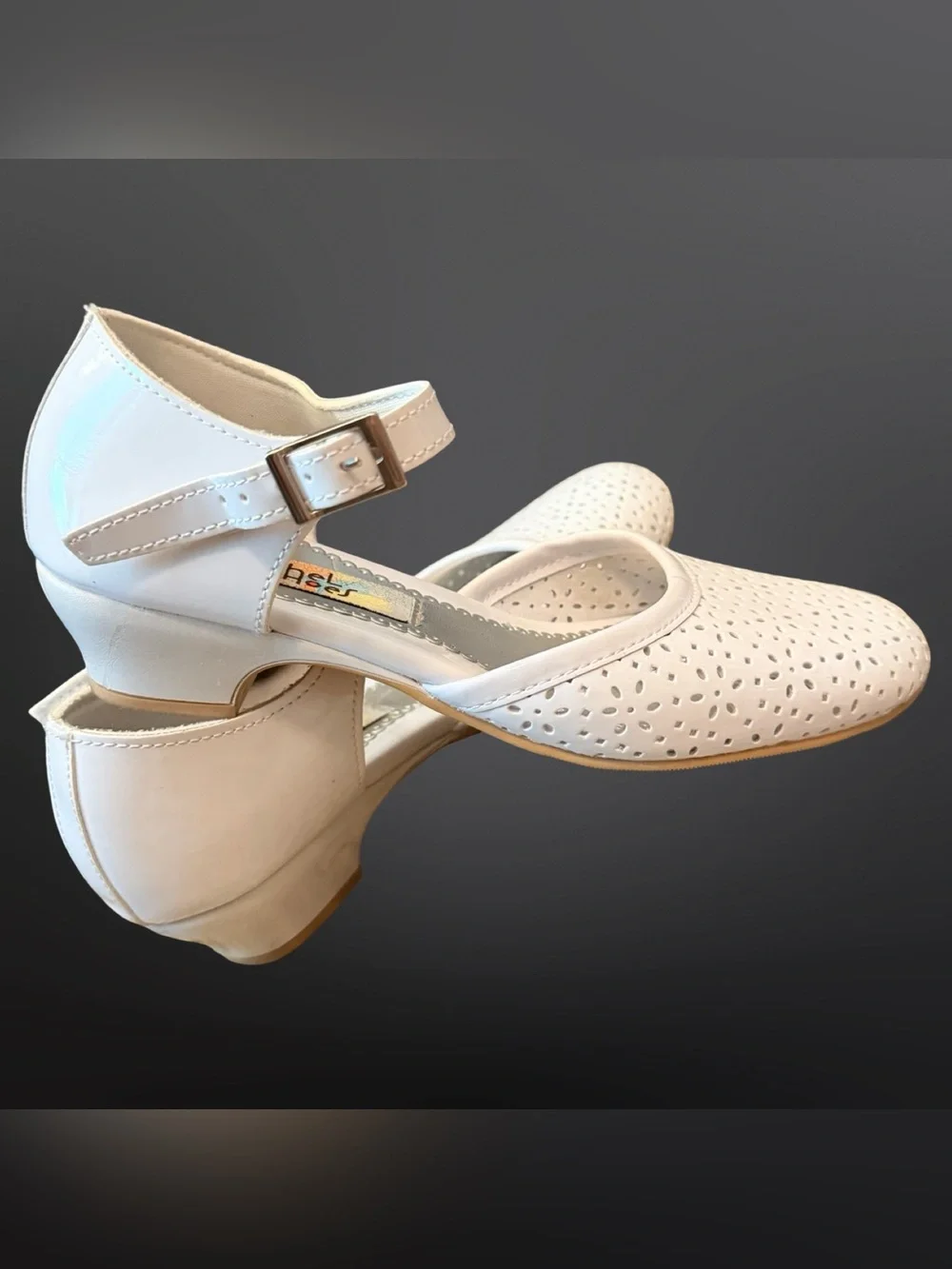 Rachel Girls White Perforated Floral Heels | Size 3